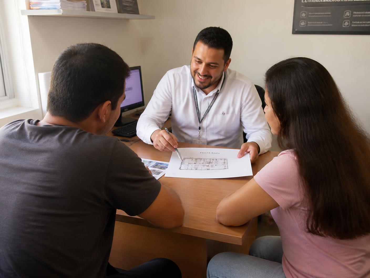 Consultora da Realize Gestão explicando as etapas do financiamento a um casal